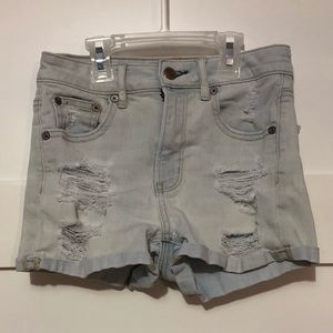 Light wash high waisted denim shorts with rips
